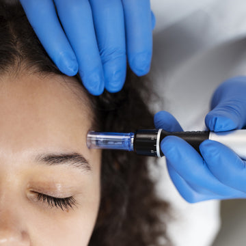 Person receiving a cosmetic procedure with blue gloves and a close-up of the face.