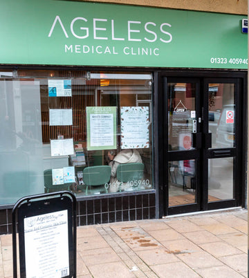 Front view of Ageless Medical Clinic with green sign and glass door.