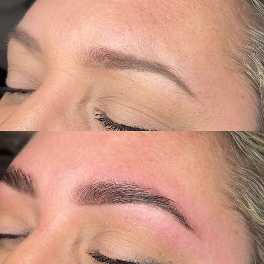 Before and after comparison of eyebrow grooming on a person's face.