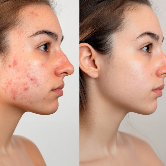 Before and after comparison of a person's face with acne on one side and clear skin on the other.