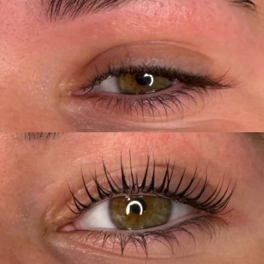 Close-up of a person's eye before and after eyelash extension.
